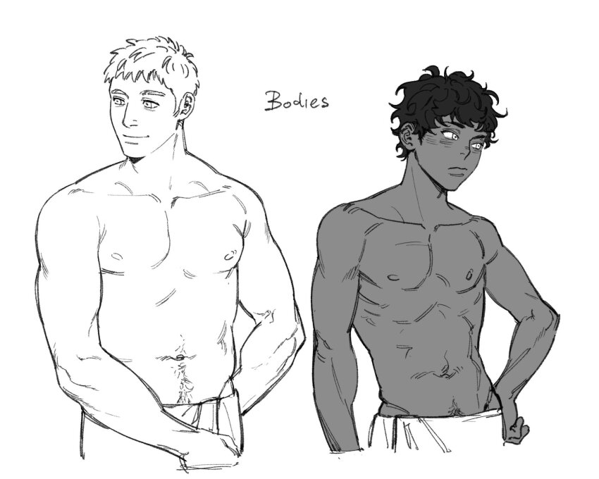 2boys, closed_mouth, commentary_request, dark-skinned_male, dark_skin, dungeon_meshi, english_text, greyscale
