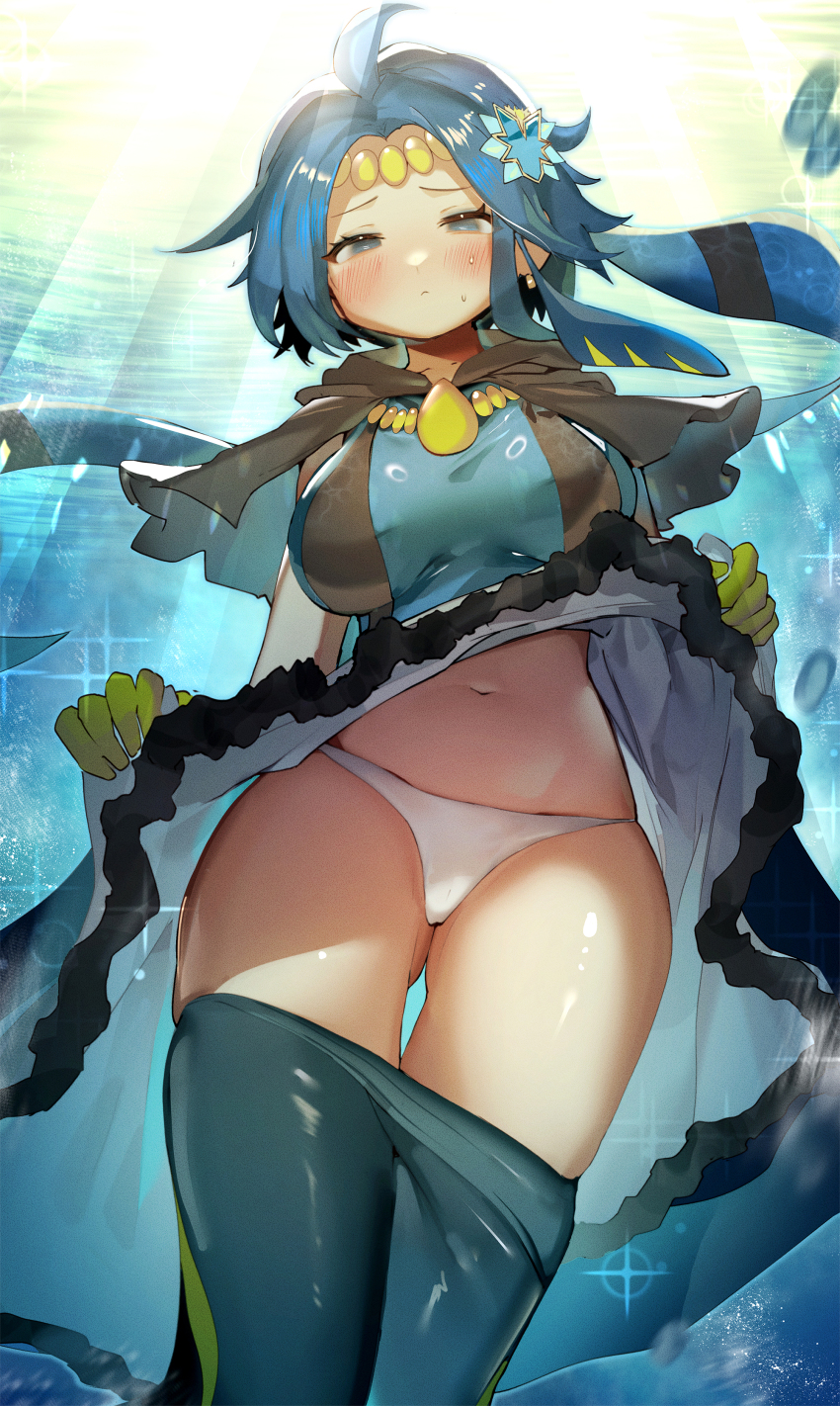 1girl, absurdres, blue_hair, blush, breasts, clothes_lift, clothes_pull, commission, duel_monster, highres, large_breasts, long_hair, looking_at_viewer, marincess_blue_tang, navel, panties, pantyhose, pantyhose_pull, pixiv_commission, ro_g_(oowack), skirt, skirt_lift, solo, stomach, underwater, underwear, white_panties, yu-gi-oh!