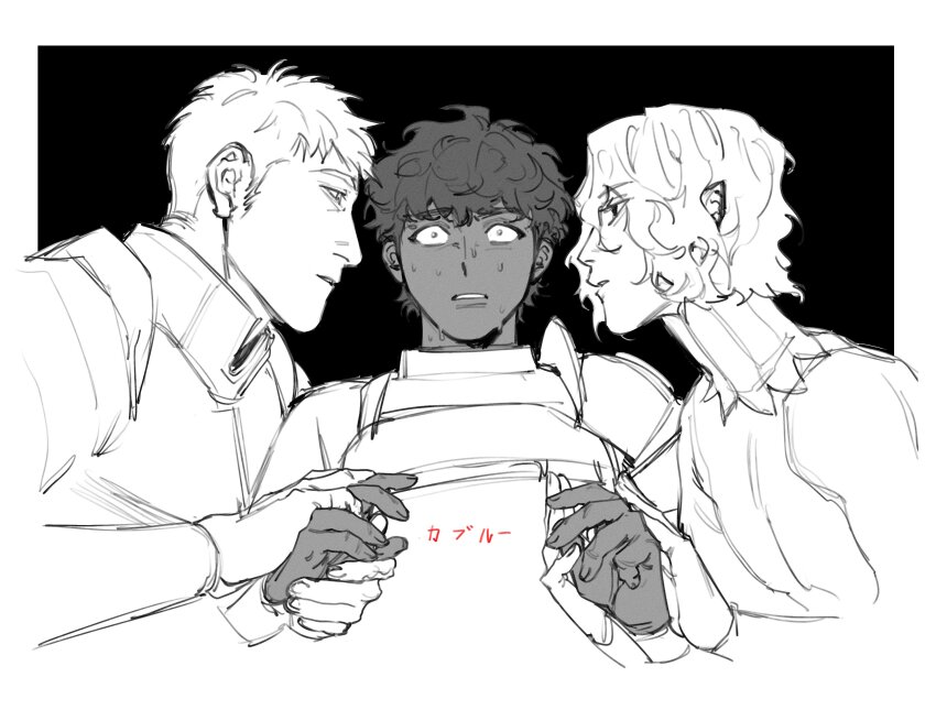 3boys, armor, black_background, boy_sandwich, commentary_request, constricted_pupils, dark-skinned_male, dark_skin