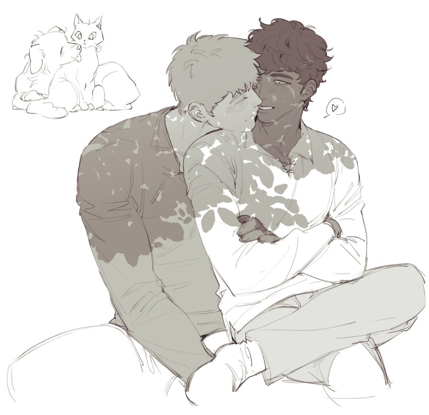 2boys, absurdres, animal, animalization, cat, closed_mouth, collared_shirt, commentary, crossed_arms, dappled_sunlight, dark-skinned_male, dark_skin, dog, dungeon_meshi, english_commentary, facing_another, figure_four_sitting, grin, head_on_another's_shoulder, heart, highres, jesuistae, kabru, laios_touden, long_sleeves, looking_at_another, male_focus, monochrome, multiple_boys, pants, shirt, short_hair, simple_background, sitting, sitting_on_lap, sitting_on_person, smile, spoken_heart, sunlight, upper_body, very_short_hair, white_background, yaoi