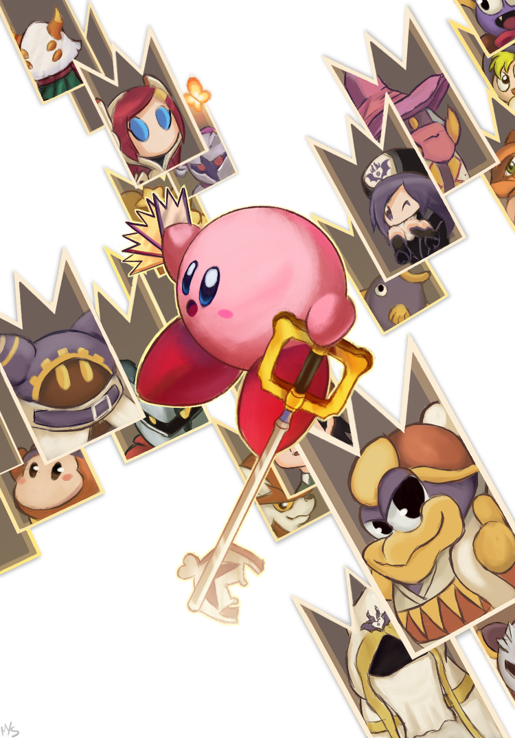 bandana_waddle_dee, blush_stickers, card, character_request, commentary_request, dark_meta_knight, daroach, drawcia, francisca_(kirby), galacta_knight, holding, holding_card, holding_weapon, hyness, keyblade, kine_(kirby), king_dedede, kingdom_hearts, kingdom_hearts:_chain_of_memories, kingdom_key, kirby, kirby_(series), landia, lizzle_(_dufz5278), magolor, marx_(kirby), marx_(true_form)_(kirby), meta_knight, nintendo, open_mouth, susie_(kirby), waddle_dee, weapon, white_background