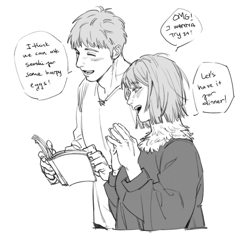 1boy, 1girl, book, brother_and_sister, closed_eyes, commentary, dungeon_meshi, english_commentary