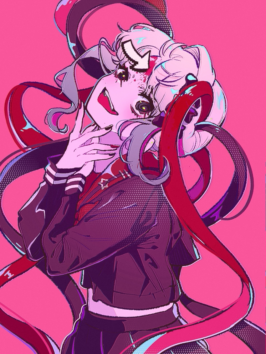 1girl, :d, @_@, arrow_(symbol), black_bow, black_hair, black_nails, black_serafuku