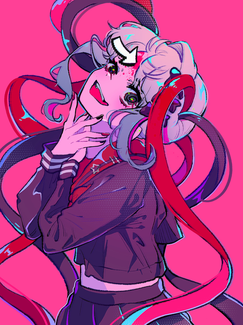 1girl, :d, @_@, absurdres, arrow_(symbol), black_bow, black_hair, black_nails