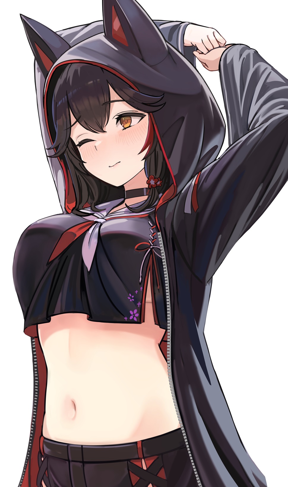 1girl, black_choker, black_hair, black_jacket, black_shorts, breasts, choker, closed_mouth