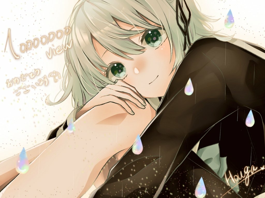 1girl, aqua_bow, aqua_bowtie, aqua_eyes, aqua_hair, aqua_nails, artist_name, black_serafuku