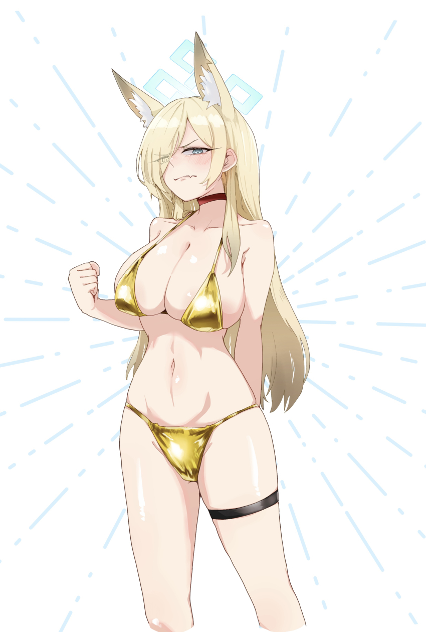 1girl, absurdres, alternate_costume, animal_ear_fluff, animal_ears, bare_shoulders, bikini, blonde_hair