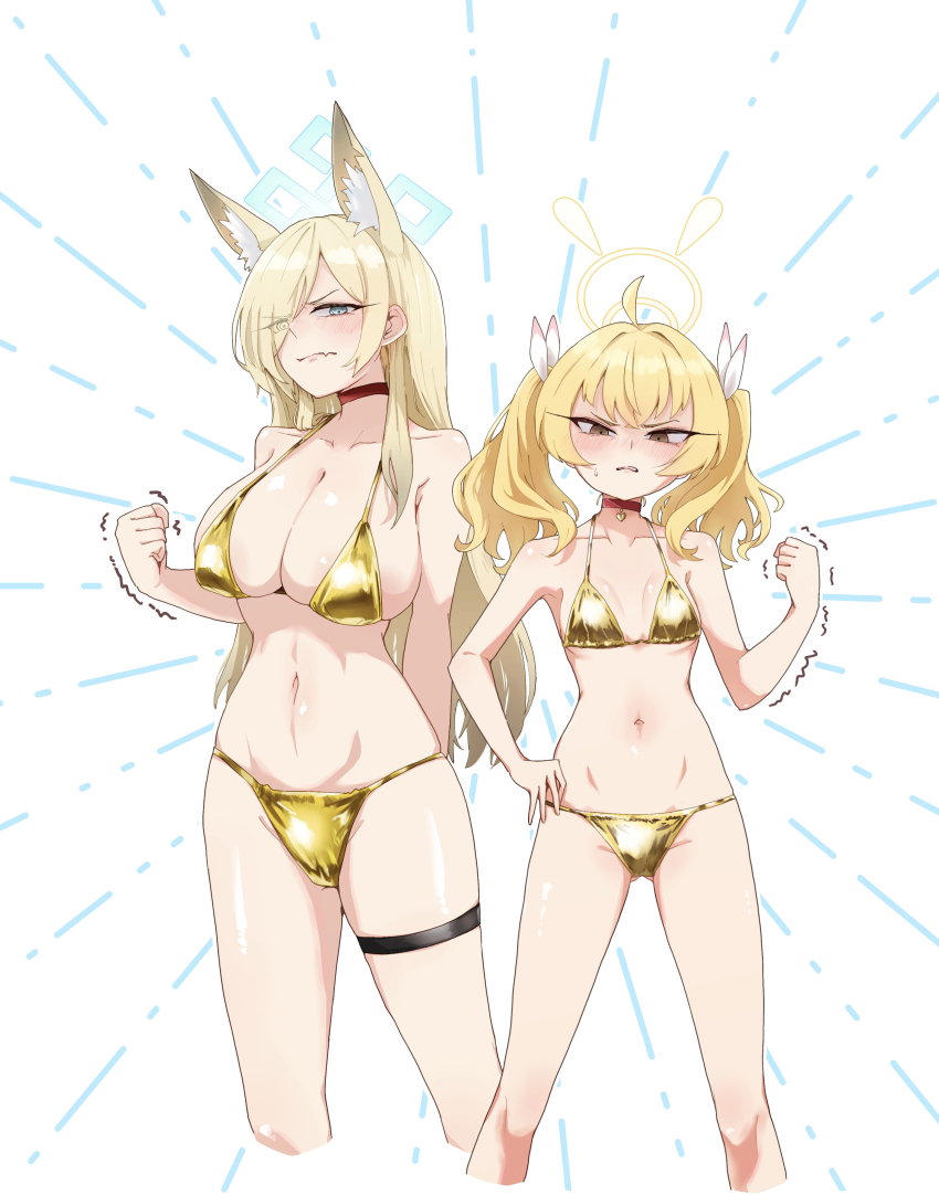 2girls, absurdres, ahoge, alternate_costume, angry, animal_ears, bare_shoulders, bikini, blonde_hair, blue_archive, blush, breasts, choker, clenched_hand, closed_mouth, commentary_request, dog_ears, dog_girl, gluteal_fold, gold_bikini, hair_ribbon, halo, hand_up, highres, kanna_(blue_archive), large_breasts, long_hair, looking_at_viewer, micro_bikini, multiple_girls, navel, notched_ear, red_choker, ribbon, shiny_swimsuit, skindentation, small_breasts, standing, stomach, string_bikini, suecovsky, swimsuit, thigh_strap, twintails, white_background, yellow_bikini, yellow_halo, yoshimi_(blue_archive)