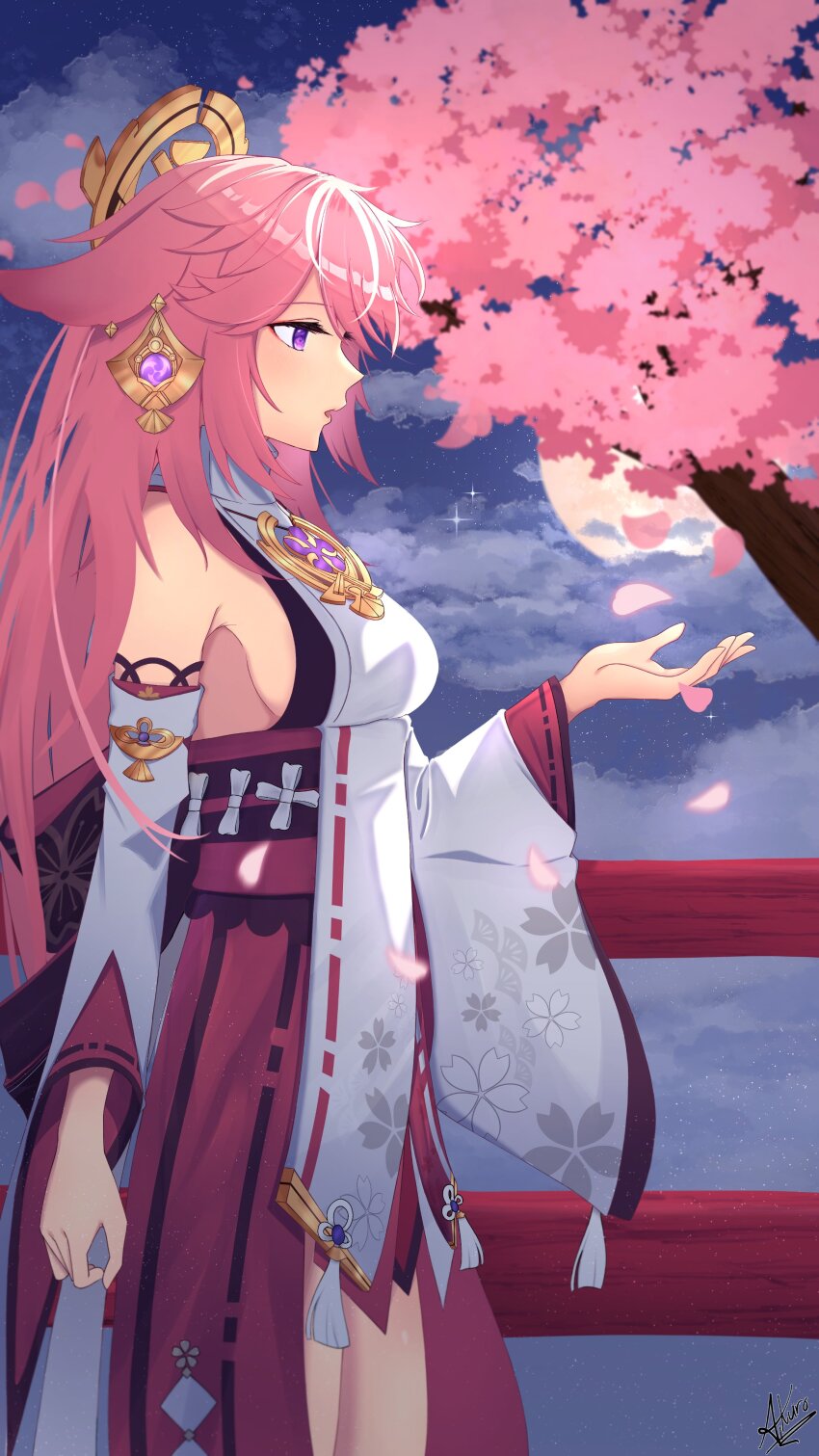 1girl, absurdres, aikuroalter, animal_ears, artist_name, bare_shoulders, breasts, cherry_blossoms, cloud, cloudy_sky, commentary, detached_sleeves, earrings, falling_petals, fence, fox_ears, from_side, genshin_impact, hair_between_eyes, hair_ornament, hakama, hakama_skirt, hand_up, highres, japanese_clothes, jewelry, long_hair, long_sleeves, looking_at_hand, making-of_available, medium_breasts, moon, night, nontraditional_miko, open_mouth, outdoors, petals, pink_hair, purple_eyes, shirt, sideboob, signature, skirt, sky, sleeveless, sleeveless_shirt, solo, standing, star_(sky), tree, turtleneck, very_long_hair, white_shirt, wide_sleeves, wooden_fence, yae_miko