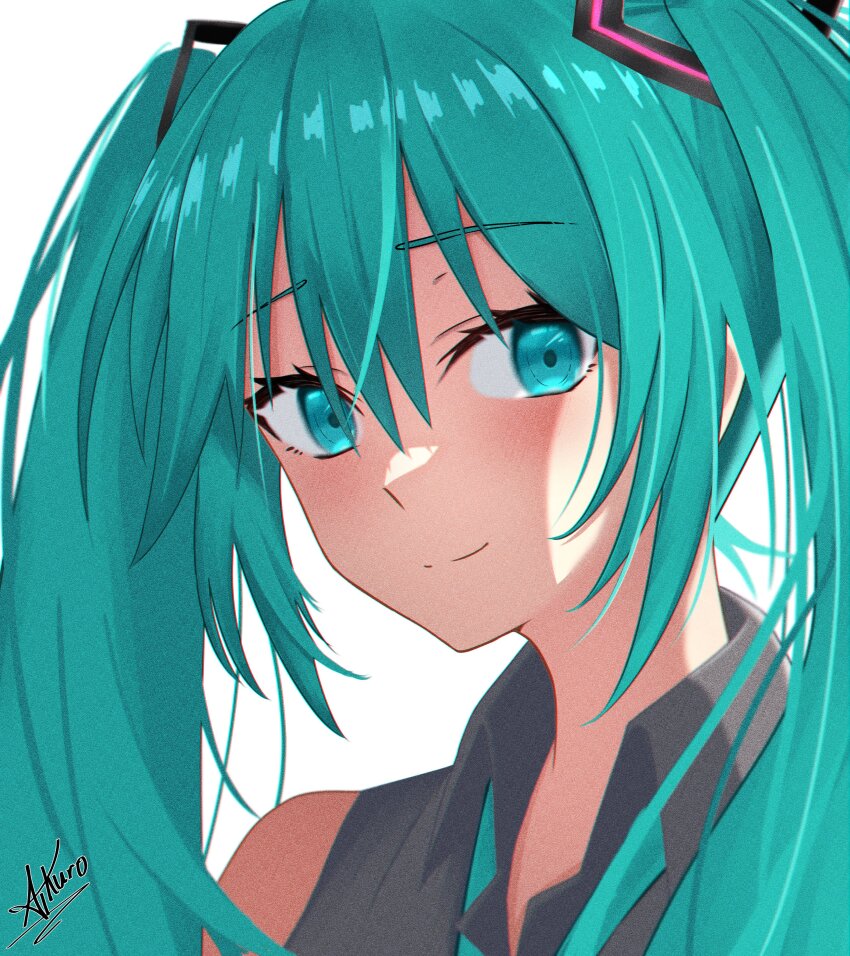 1girl, absurdres, aikuroalter, aqua_eyes, aqua_hair, artist_name, bare_shoulders, black_eyeliner