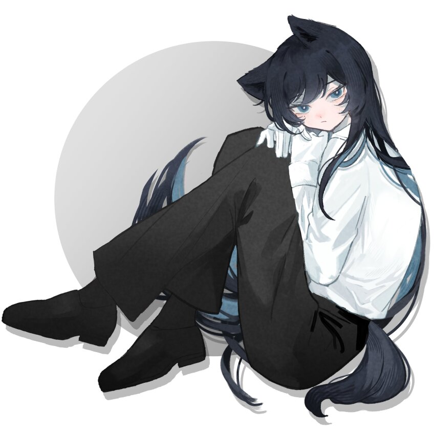 1girl, absurdres, ado_(utaite), animal_ears, black_footwear, black_hair, black_pants, blue_eyes