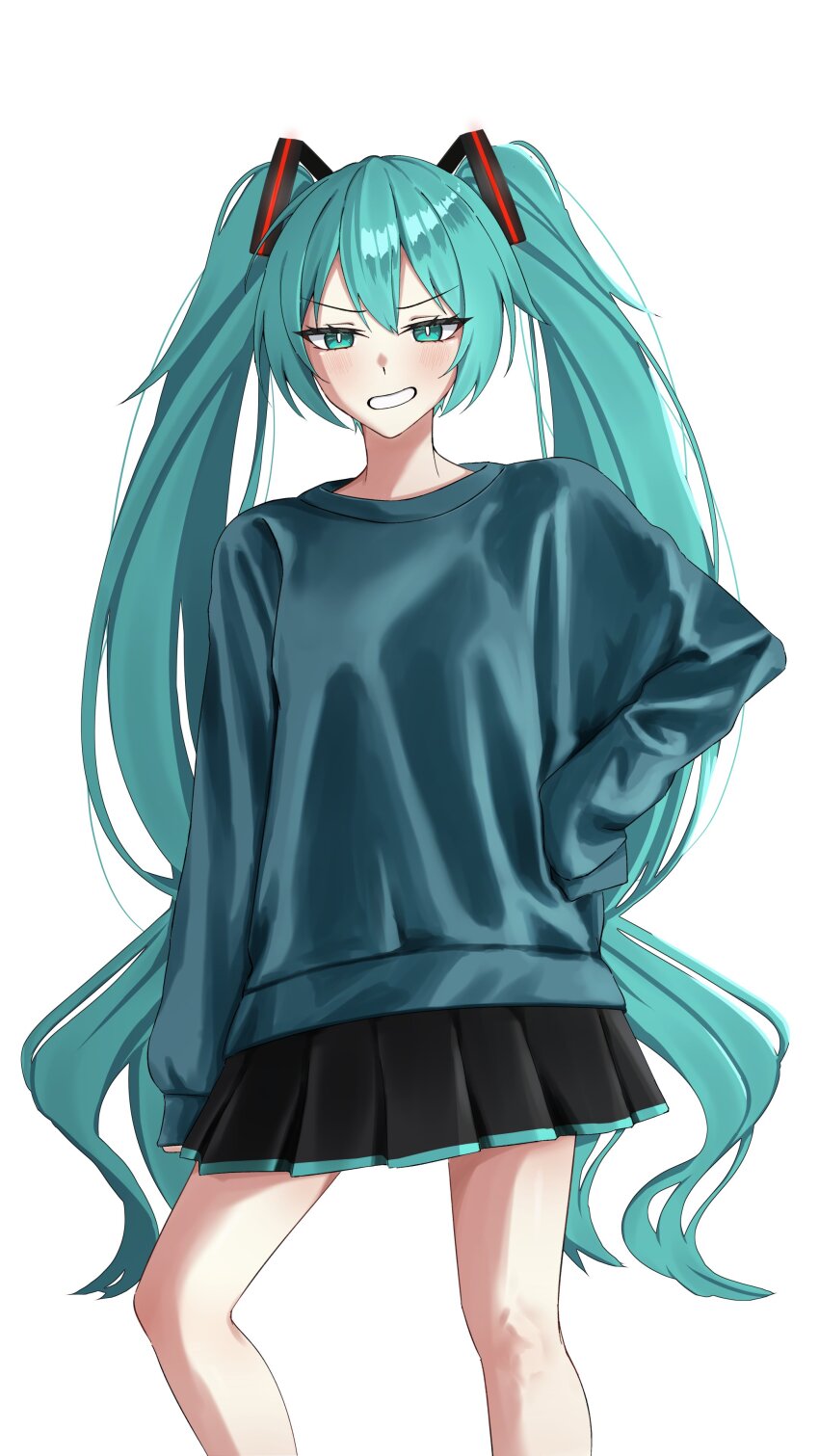 1girl, absurdres, aikuroalter, aqua_eyes, aqua_hair, black_skirt, blue_eyes, blue_sweater