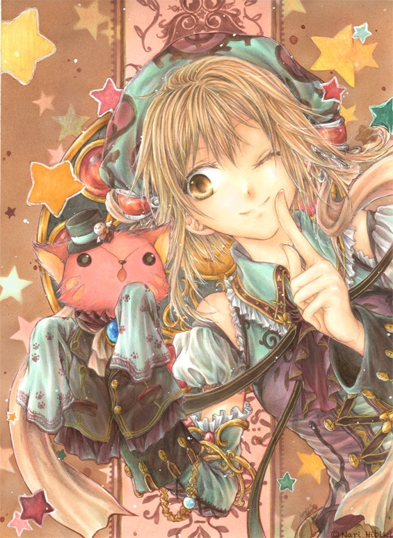 blonde_hair, cat, detached_sleeves, doll, hat, marker_(medium), mini_hat, nari_hibiki