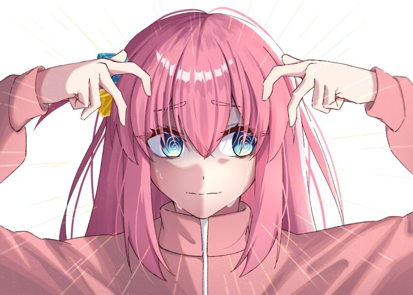 1girl, @_@, aikuroalter, arms_up, bocchi_the_rock!, closed_mouth, commentary, crossed_bangs