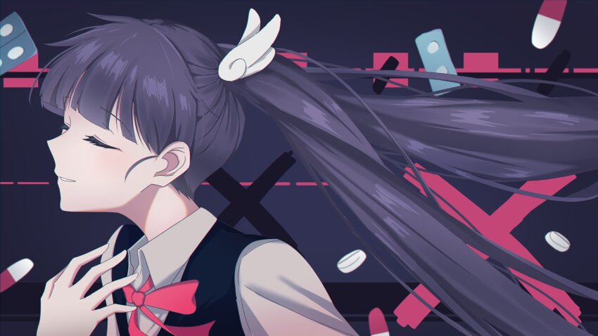 1girl, absurdres, aikuroalter, ano_yo_iki_no_bus_ni_notte_saraba, blunt_bangs, closed_eyes, collared_shirt, commentary