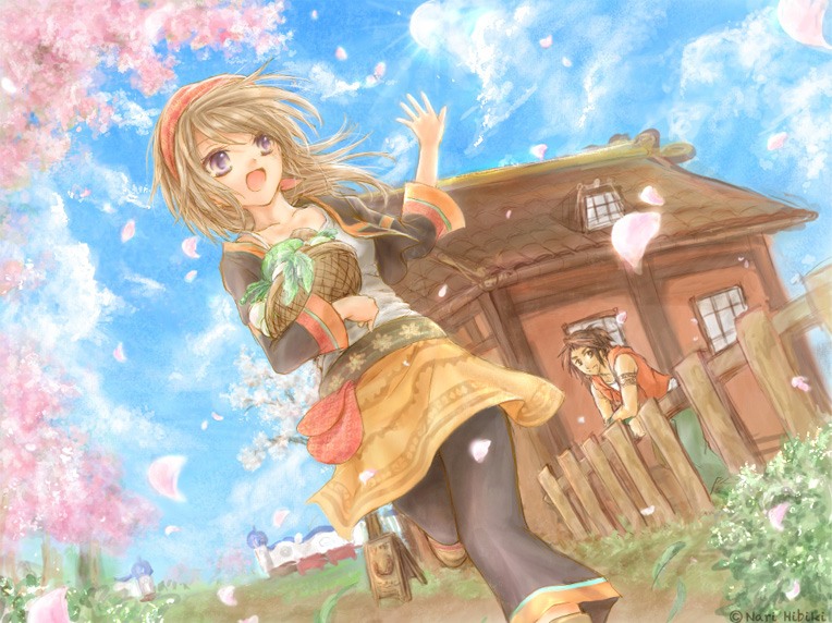 1boy, 1girl, bandana, basket, blonde_hair, bokujou_monogatari, building, carrying, cherry_blossoms, cloud, day, fence, food, harvest_moon, kiriku_(bokujou_monogatari), kirku_(harvest_moon), long_sleeves, nari_hibiki, outdoors, pants, petals, purple_eyes, running, sato_(bokujou_monogatari), sky, sleeveless, sun, vegetable