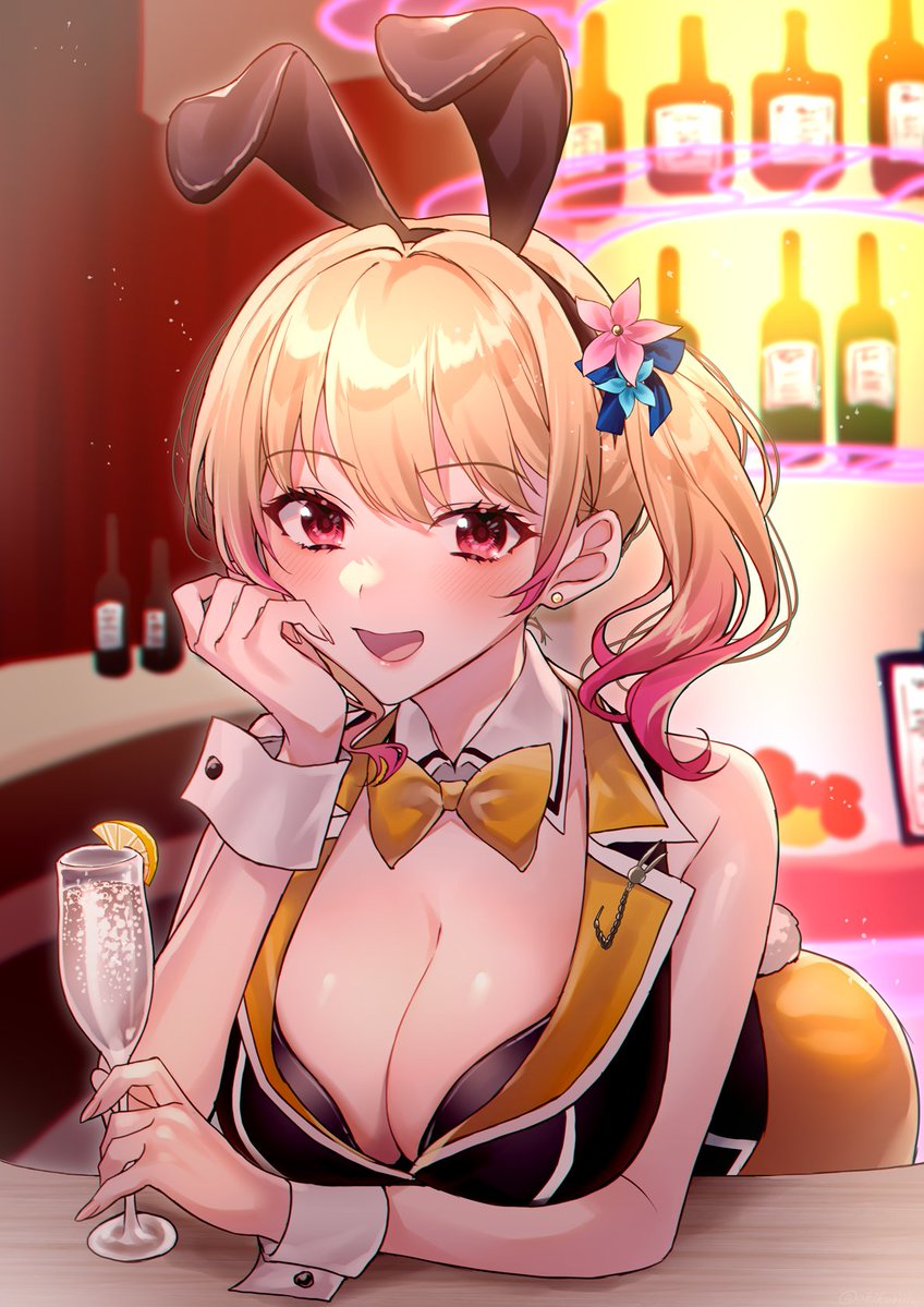1girl, :d, akikuriii, animal_ears, bar_(place), blonde_hair, blush, bow