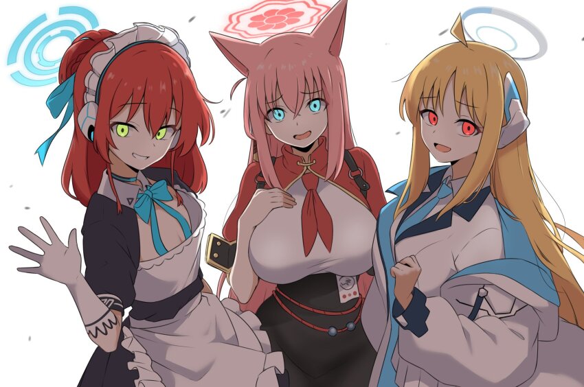 3girls, :d, alternate_costume, alternate_hairstyle, amogan, animal_ears, aoyama_yoshino, apron