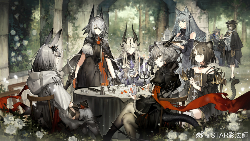 animal_ears, arknights, black_dress, black_gloves, board_game, candle, candlelight, candlestand