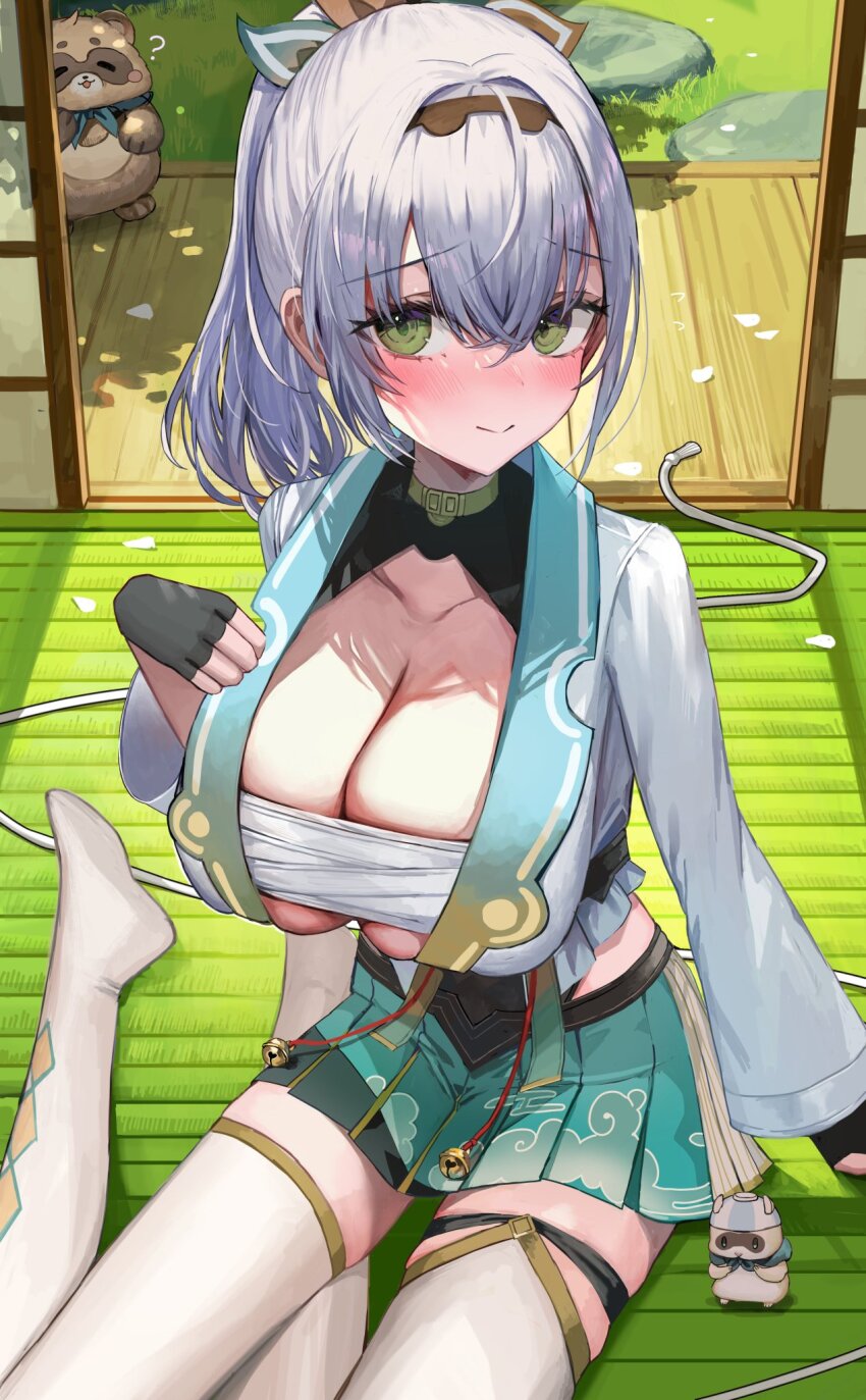 1girl, alternate_costume, alternate_hairstyle, aqua_skirt, black_gloves, black_hairband, black_shrug, blush