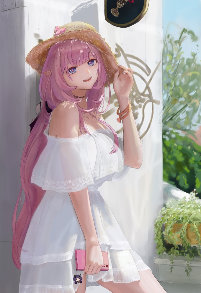 1girl, alternate_costume, bare_shoulders, blackxyfaf, blue_eyes, breasts, cellphone, dress