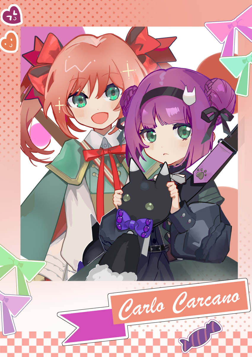 2girls, absurdres, aged_down, black_bow, blush, bow, carcano_m1891_(girls'_frontline), carcano_m1891_(little_brave_cano)_(girls'_frontline)