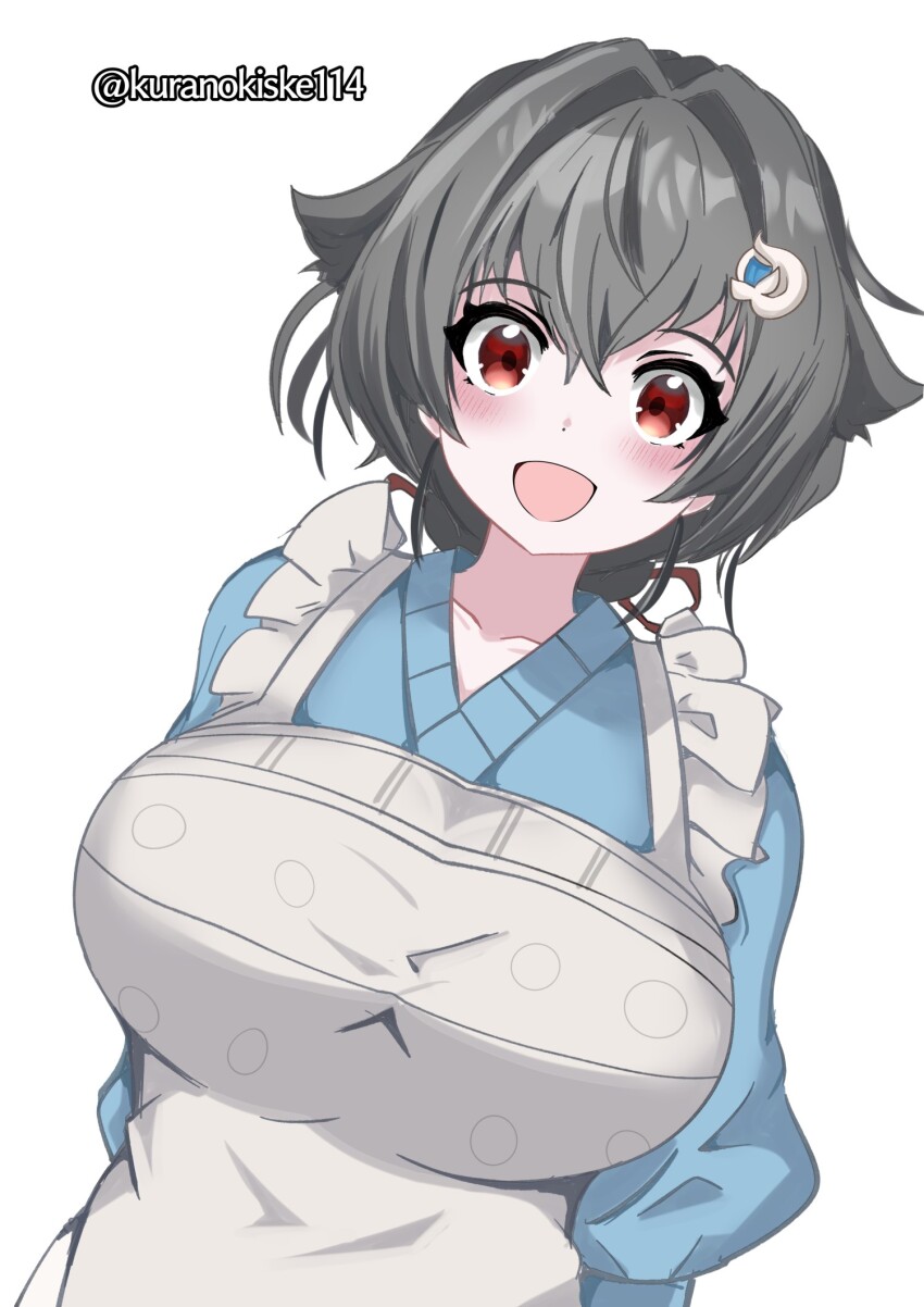 1girl, apron, black_hair, blue_sweater, blush, breasts, dutch_angle, hair_between_eyes