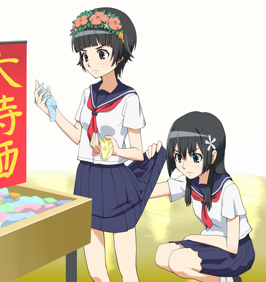 2girls, black_hair, blue_panties, clothes_lift, flower, green_panties, hair_flower, hair_ornament