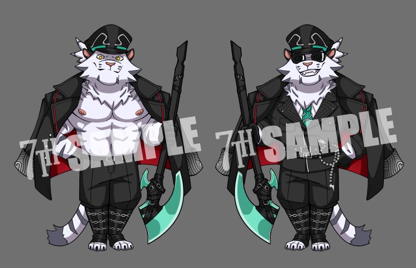 1boy, 7th_art_forge, abs, absurdres, animal_ears, artist_name, bara, black_gloves, black_jacket, black_pants, black_suit, chain, chibi, claws, commentary, dislyte, english_commentary, fangs, formal_clothes, furry, furry_male, gloves, green_necktie, grey_background, hand_on_own_hip, highres, holding, holding_polearm, holding_weapon, jacket, jacket_on_shoulders, jin_qiu_(ru_shou)_(dislyte), male_focus, merchandise_available, multiple_views, necktie, nipples, pants, pectorals, polearm, ponytail, sample_watermark, shirt, smile, suit, sunglasses, tail, tiger_boy, tiger_ears, tiger_stripes, tiger_tail, watermark, weapon, whip, white_shirt, yellow_eyes