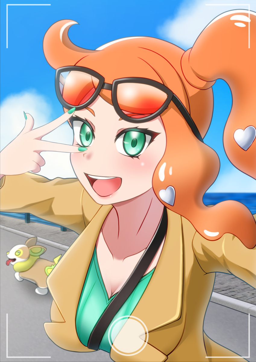 1girl, ahoge, aqua_eyes, aqua_nails, aqua_shirt, between_breasts, breasts, brown_coat