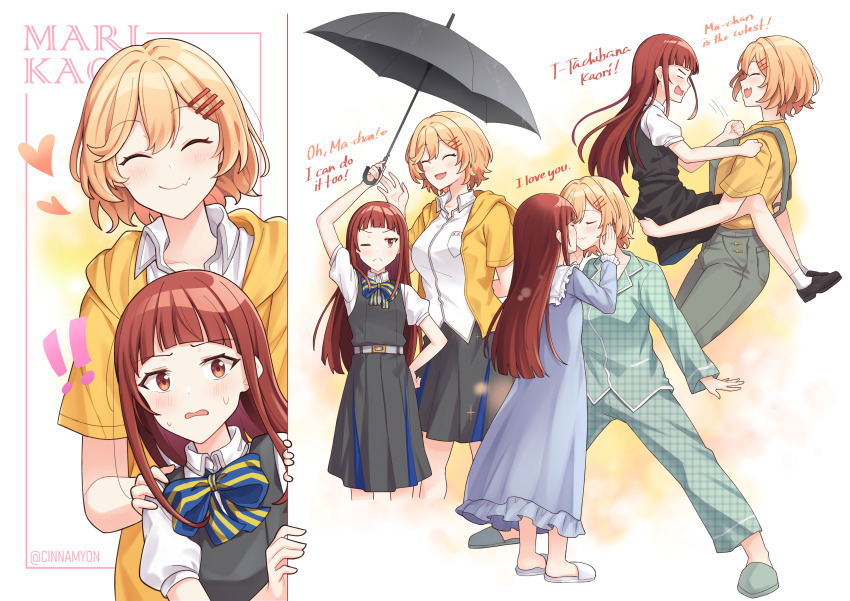 !, !!, 2girls, absurdres, black_dress, black_skirt, black_umbrella, blonde_hair, blue_dress, blush, carrying, carrying_person, character_name, cinnamyon, closed_eyes, closed_mouth, collared_shirt, commentary, dress, english_commentary, english_text, fang, green_footwear, green_pants, green_shirt, hair_ornament, hairclip, heart, height_difference, highres, holding, holding_umbrella, jacket, kiss, long_hair, multiple_girls, nightgown, open_clothes, open_jacket, open_mouth, pajamas, pants, parted_lips, pinafore_dress, red_eyes, red_hair, sasayaku_you_ni_koi_wo_utau, school_uniform, shirt, short_hair, short_sleeves, skin_fang, skirt, sleeveless, sleeveless_dress, slippers, smile, sweat, tachibana_kaori_(sasakoi), tsutsui_mari_(sasakoi), umbrella, white_footwear, white_shirt, yellow_jacket, yellow_shirt, yuri