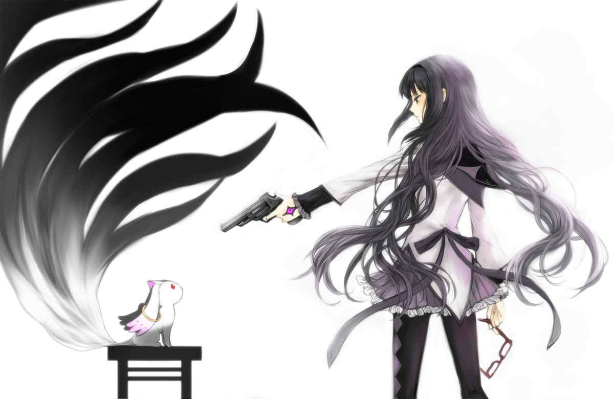 akemi_homura, glasses, gun, kyuubee, long_hair, mahou_shoujo_madoka_magica, multiple_tails, nanamura, tail, weapon, white