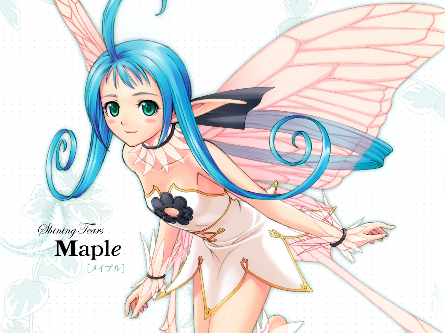 blue_hair, maple, pointed_ears, shining_tears, taka_tony, white, wings