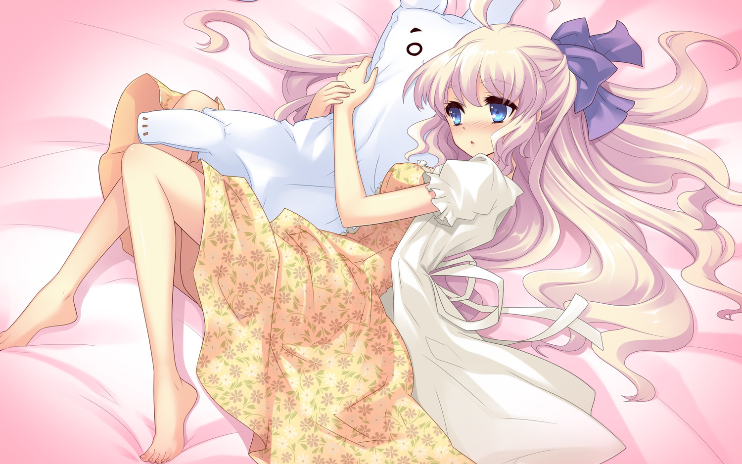 bed, blue_eyes, blush, dress, flyable_heart, game_cg, gray_hair, itou_noiji