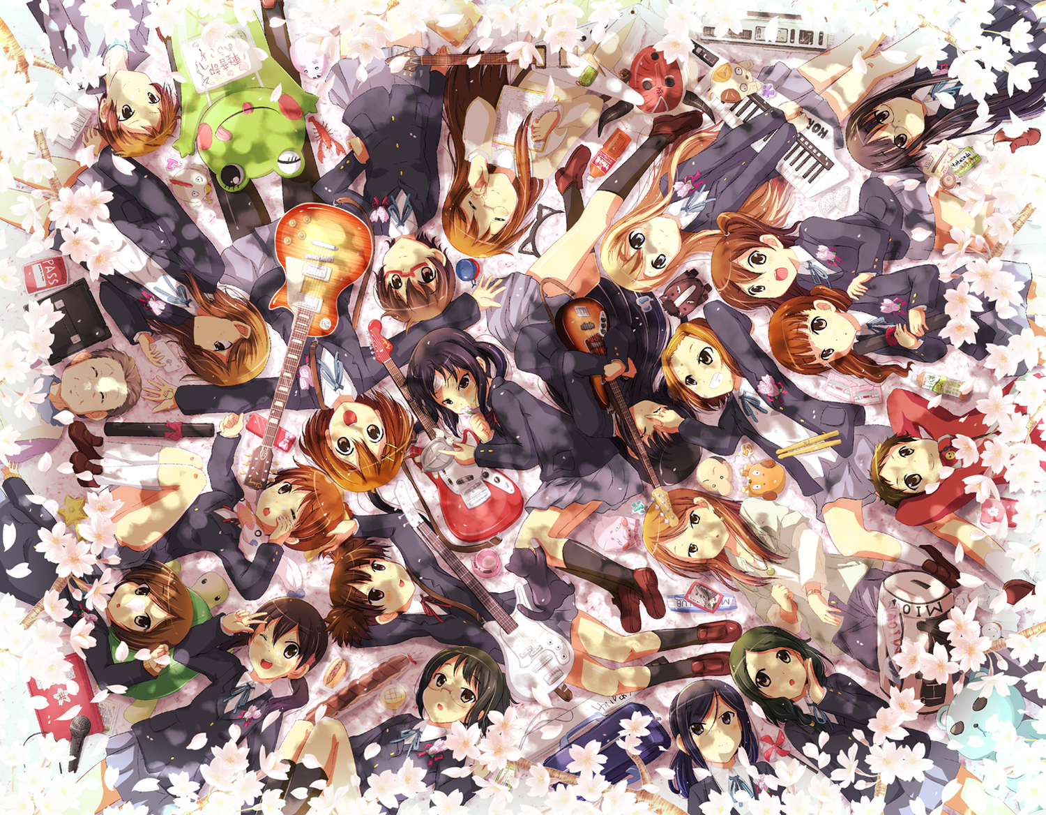 akiyama_mio, group, guitar, hirasawa_ui, hirasawa_yui, instrument, ipod, k-on!, kotobuki_tsumugi, manabe_nodoka, microphone, nakano_azusa, nanashiwan, piano, suzuki_jun, tagme, tainaka_ritsu, yamanaka_sawako