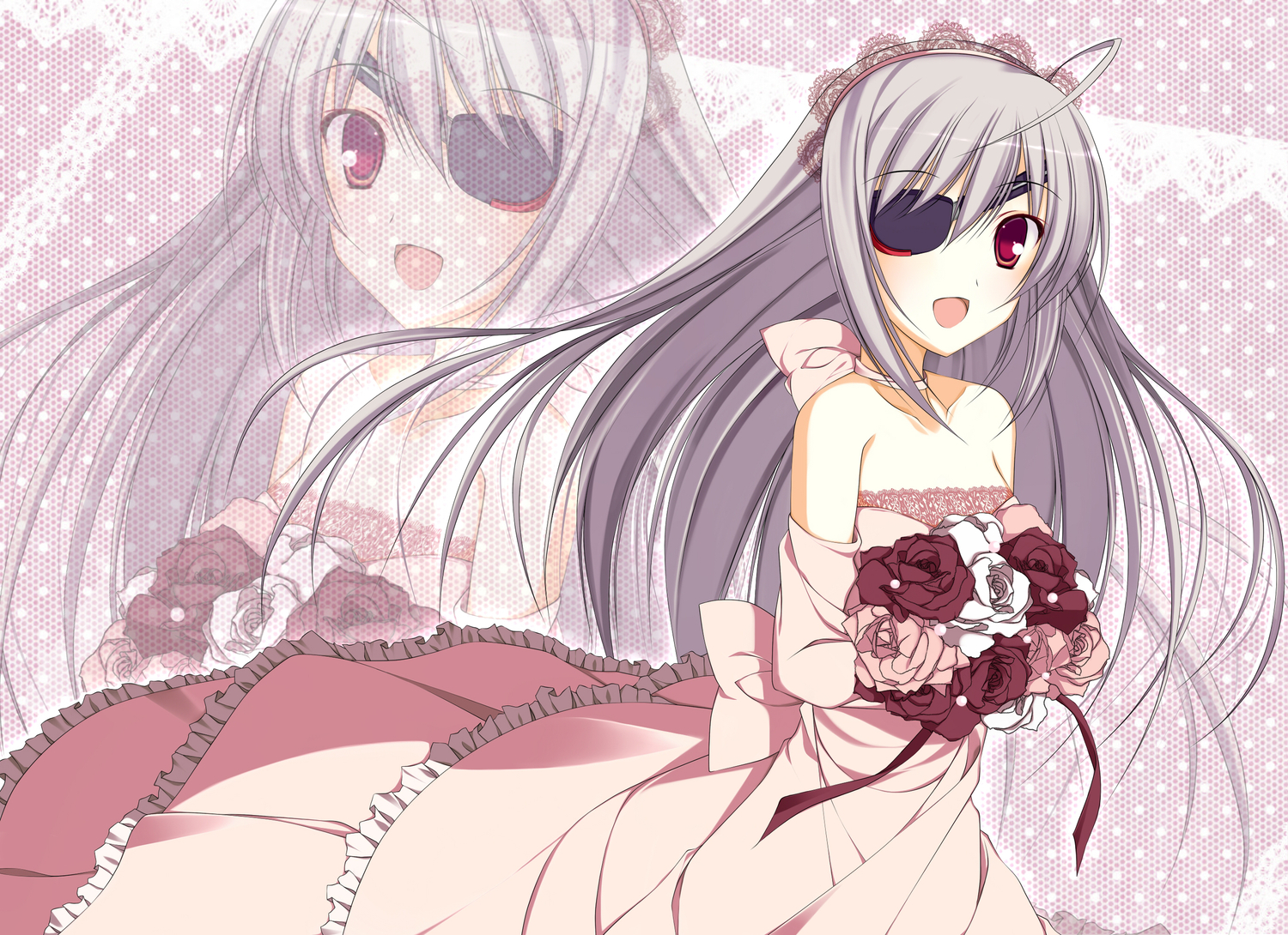 dress, eyepatch, flowers, gray_hair, infinite_stratos, laura_bodewig, nanahosi_seiiki, red_eyes, wedding_attire, zoom_layer