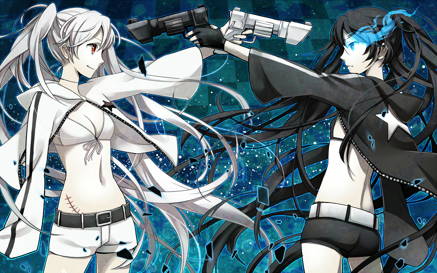 black_rock_shooter, kuroi_mato, weapon, white_rock_shooter, yunco