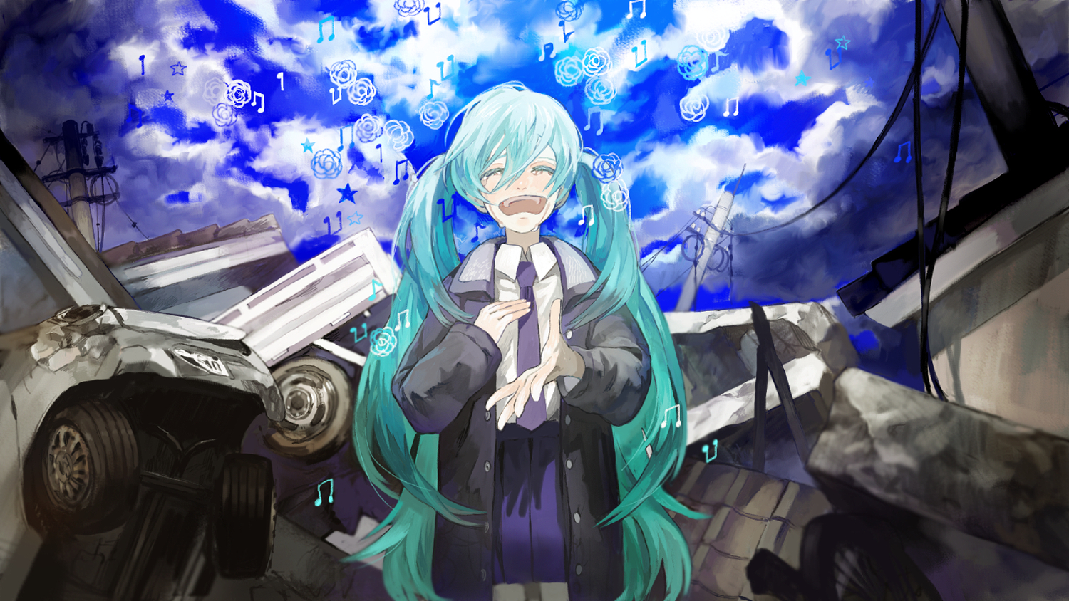 aqua_hair, clouds, crying, hatsune_miku, nishihara_isao, ruins, sky, tears