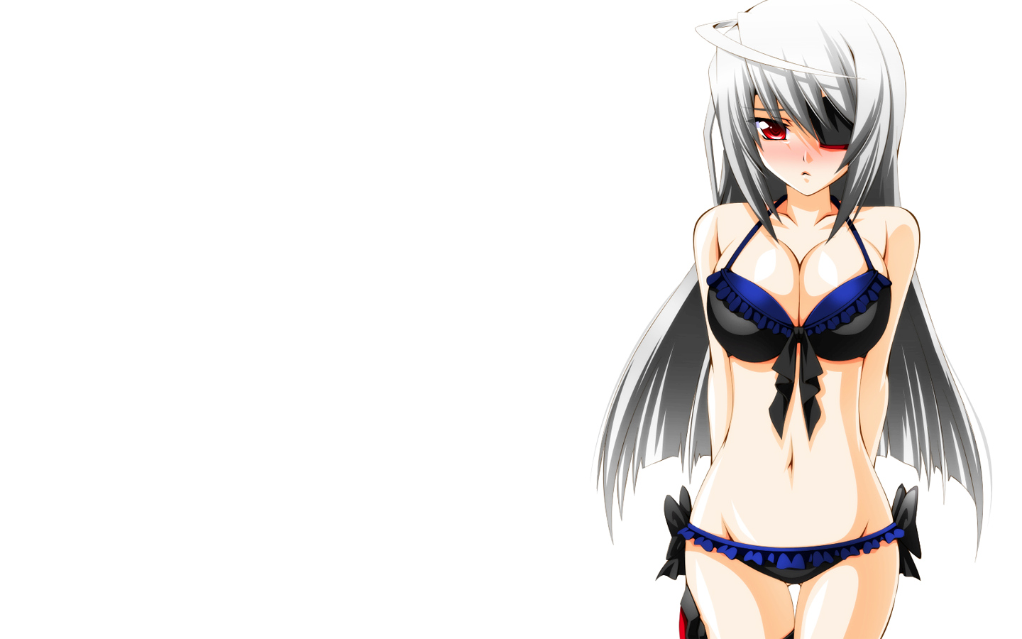 bikini, blush, breasts, engo_(aquawatery), eyepatch, infinite_stratos, laura_bodewig, long_hair, red_eyes, swimsuit, white, white_hair