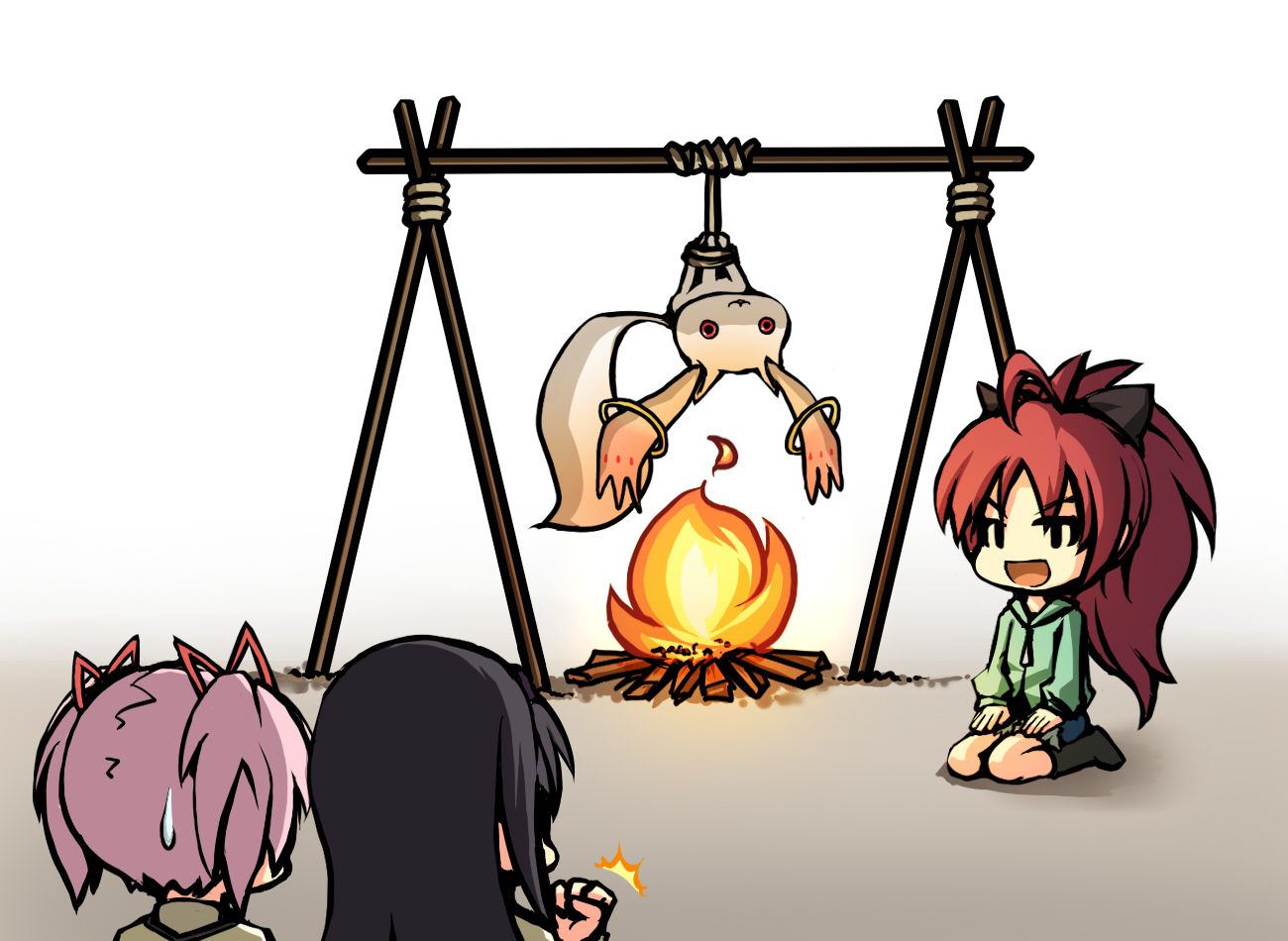 akemi_homura, fire, kaname_madoka, kyuubee, mahou_shoujo_madoka_magica, sakura_kyouko, tanayuma
