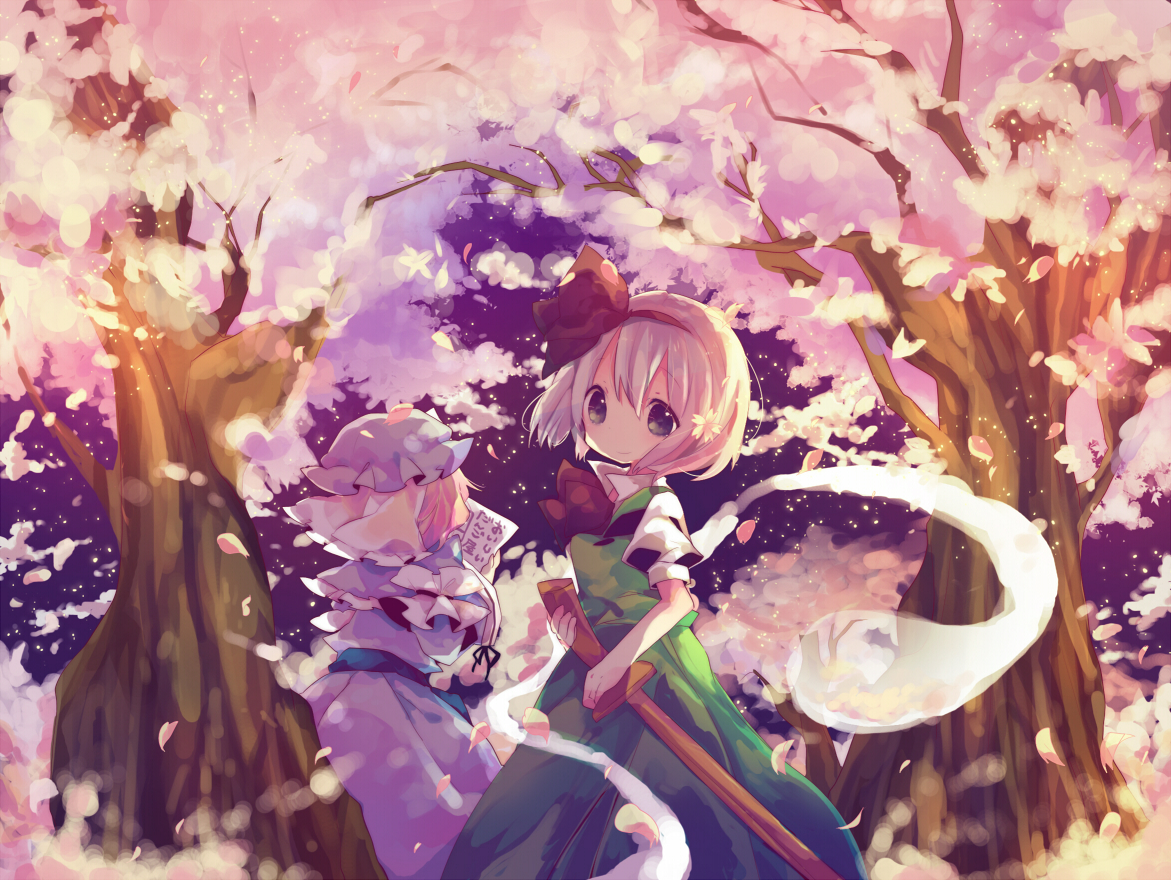 ana_(rznuscrf), cherry_blossoms, flowers, katana, konpaku_youmu, myon, petals, saigyouji_yuyuko