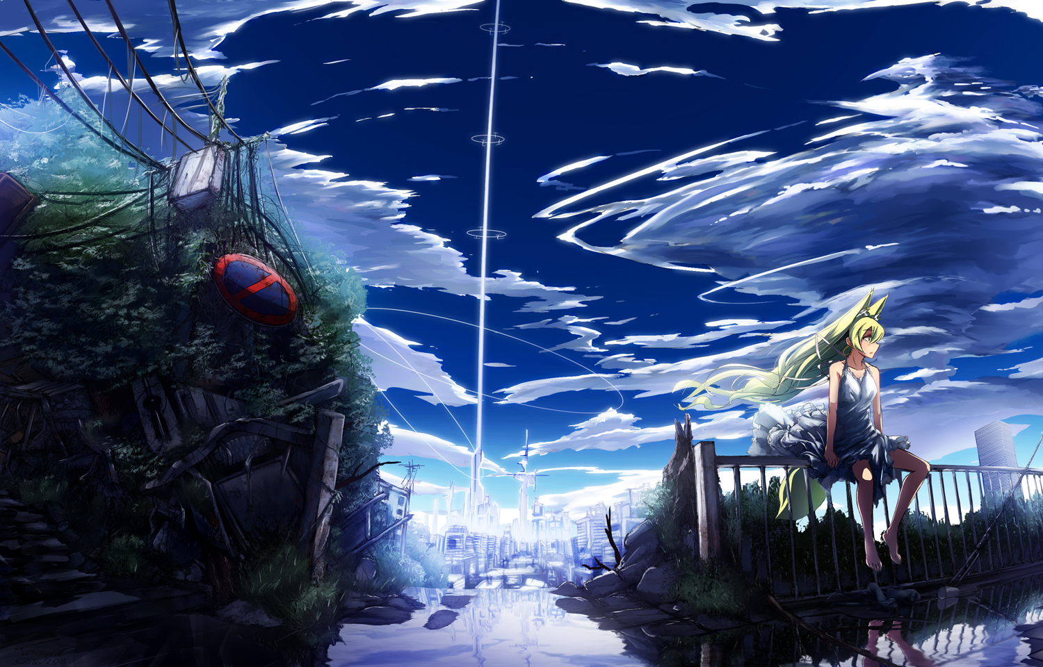 animal_ears, building, city, clouds, foxgirl, glycyrrhizae, green_hair, long_hair
