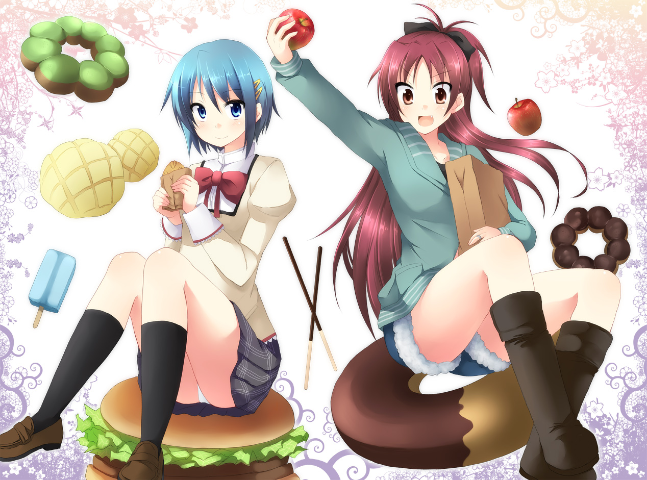 food, inui_nagi, mahou_shoujo_madoka_magica, miki_sayaka, panties, sakura_kyouko, school_uniform, underwear