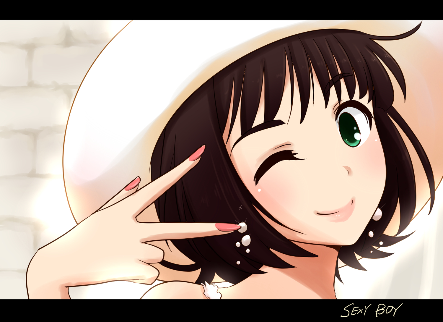 amami_haruka, brown_hair, green_eyes, hat, idolmaster, maiko_(yoshida308), wink