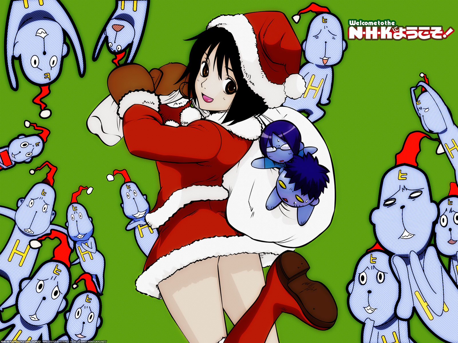 christmas, green, hat, hikikomori_gnomes, nakahara_misaki, nhk_ni_youkoso, santa_costume, santa_hat, satou_tatsuhiro, yamazaki_kaoru