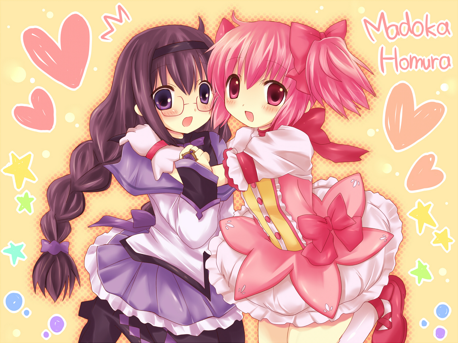 2girls, akemi_homura, braids, dress, glasses, kaname_madoka, mahou_shoujo_madoka_magica, pink_hair, pirika, purple_eyes, twintails