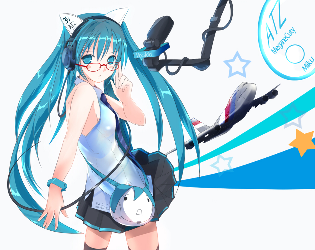 aircraft, aqua_hair, glasses, h016, hatsune_miku, microphone, twintails, vocaloid