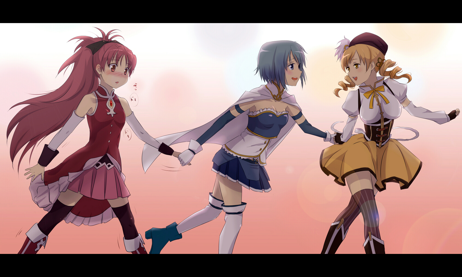 blonde_hair, mahou_shoujo_madoka_magica, miki_sayaka, misu_kasumi, red_eyes, red_hair, sakura_kyouko, thighhighs