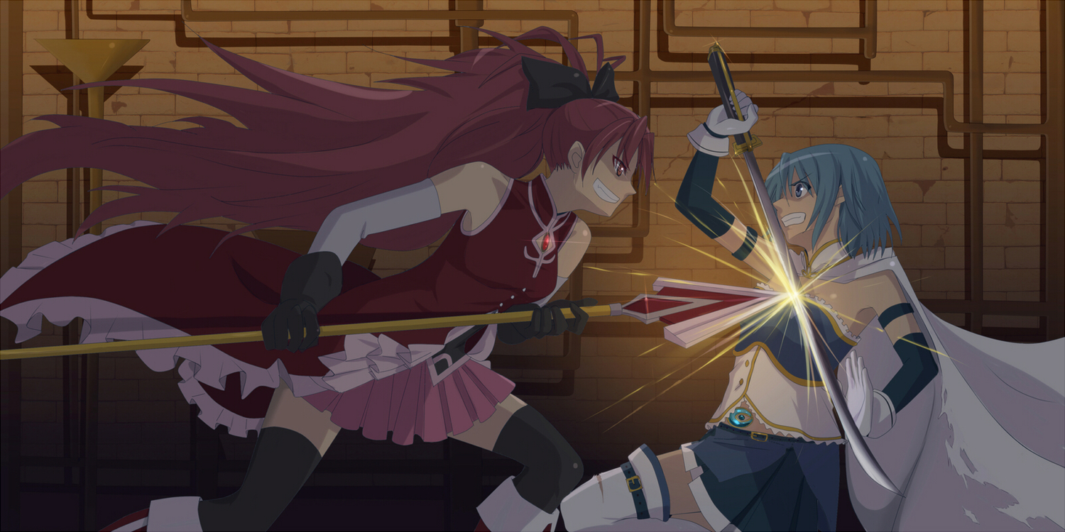 cape, gloves, mahou_shoujo_madoka_magica, miki_sayaka, misu_kasumi, red_eyes, red_hair, sakura_kyouko
