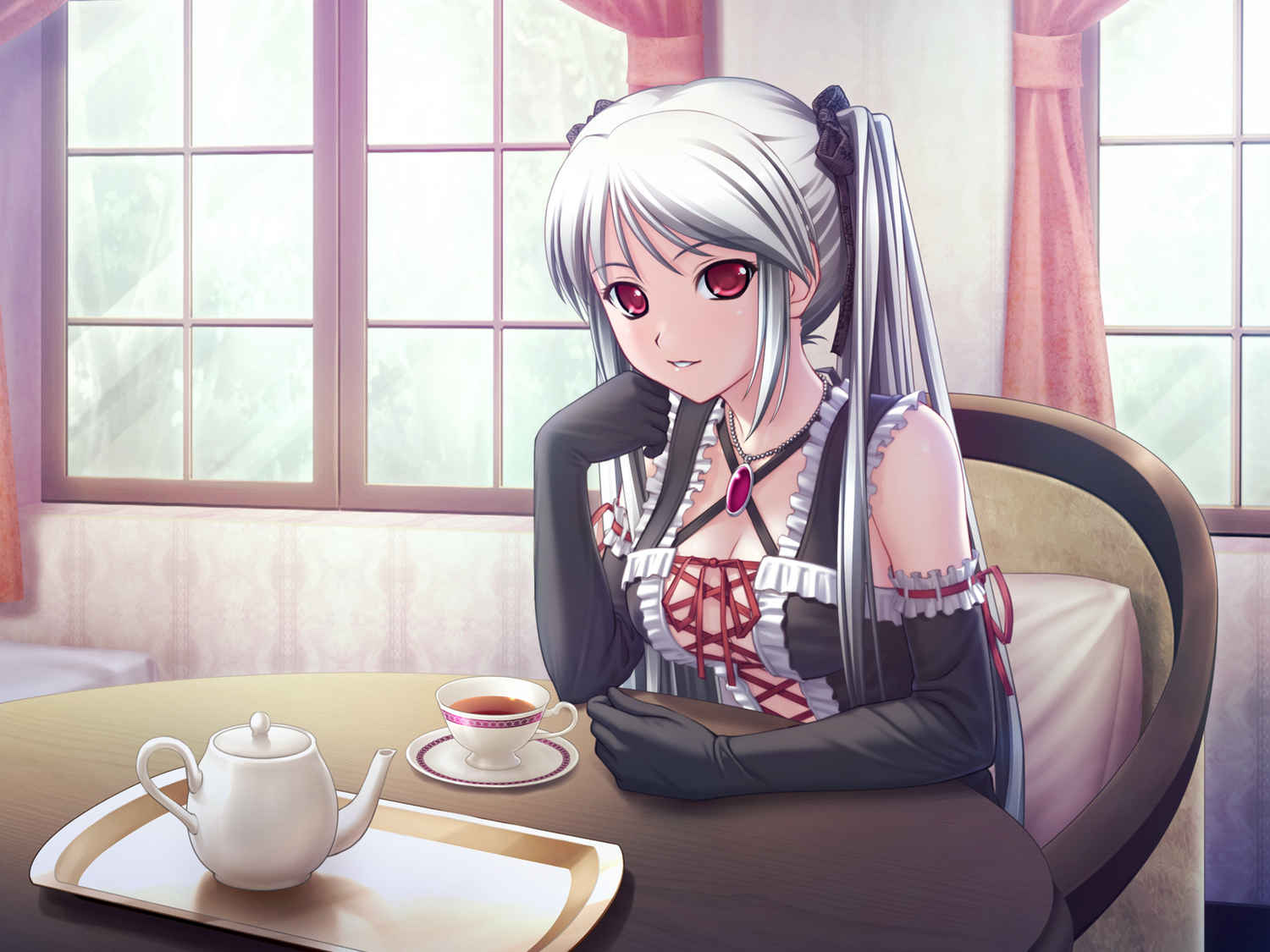 400, fatietto, game_cg, kanojo_to_kanojo_to_watashi_no_nanabi, lilies_project, red_eyes, white_hair